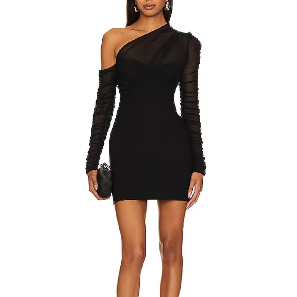 Lovers + Friends Black One-Shoulder Ruched Sleeve Mini Dress